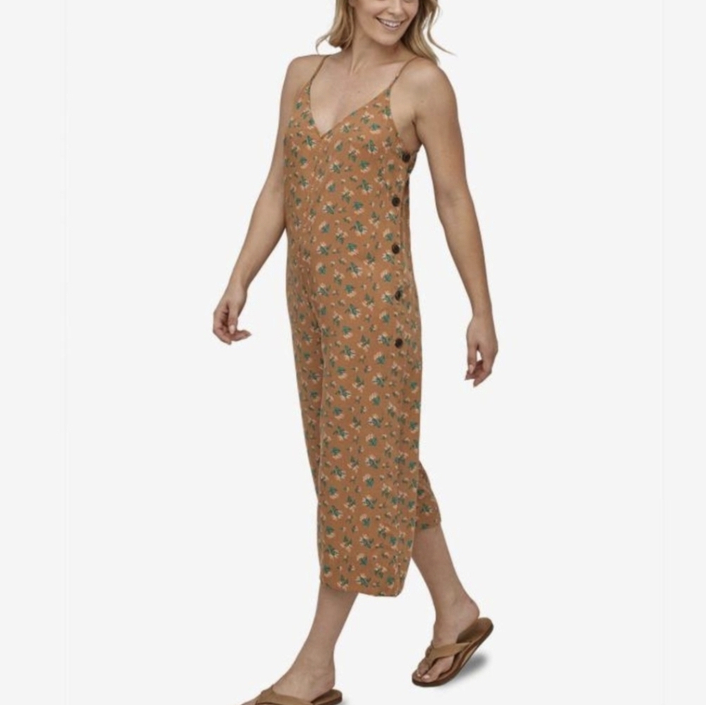 Patagonia June Lake Jumpsuit Floral Button Tan and Green